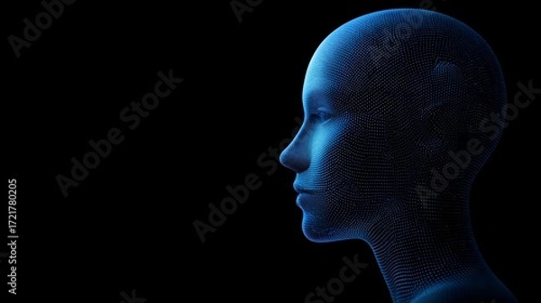 Fototapeta Futuristic AI face profile for technology concepts in striking blue, showing digital identity