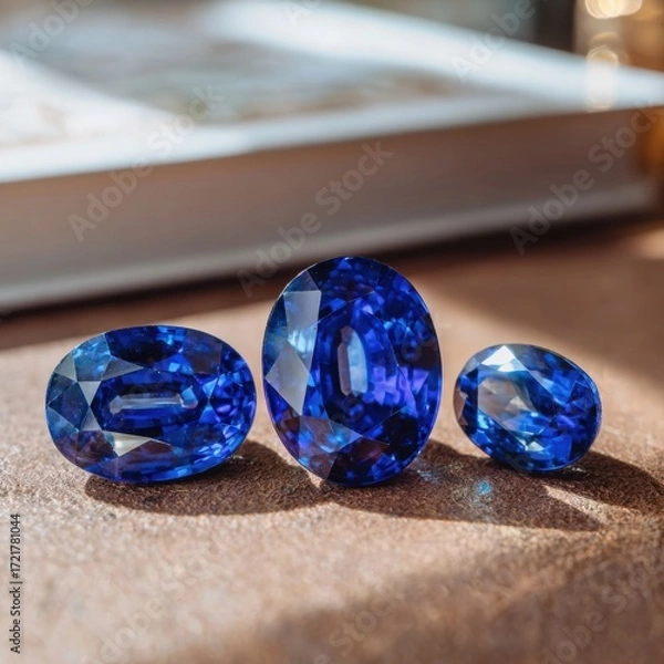 Obraz Three oval-shaped sapphires on a brown surface
