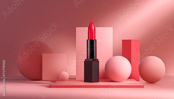 Obraz Elegant lipstick display with flowers on pastel podium background, luxury cosmetic branding design for fashion beauty and product marketing visuals