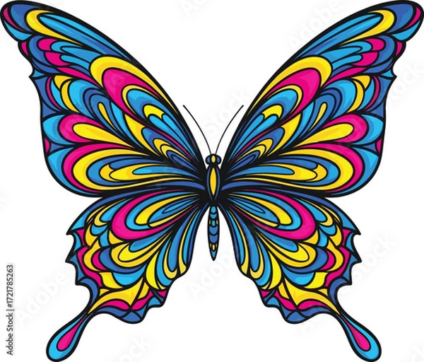 Fototapeta Colorful Vector Illustration of Decorative Butterfly with Abstract Patterned Wings in Blue, Pink, and Yellow