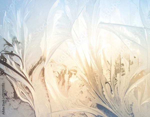 Fototapeta Feathery Frost Crystals on Backlit Window at Sunrise