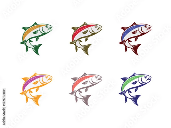 Fototapeta A collection of various fish illustrations in different colors on a white background