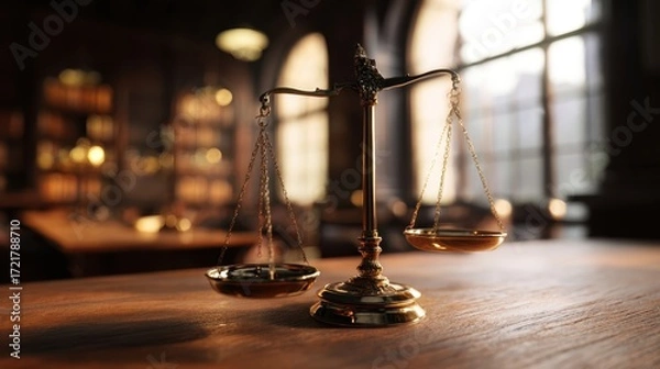 Fototapeta The Elegant Balance of Justice Symbolizing Law and Equity in a Library Setting.