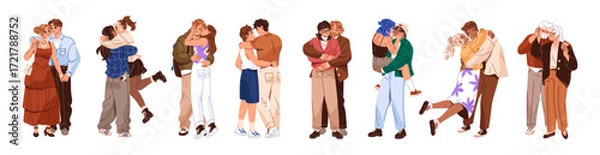 Obraz Set of diverse hugging couples. Homosexual and heterosexual lovers cuddle, kiss. Happy young and elderly people embrace, love in romantic relationships. Flat isolated vector illustrations on white.