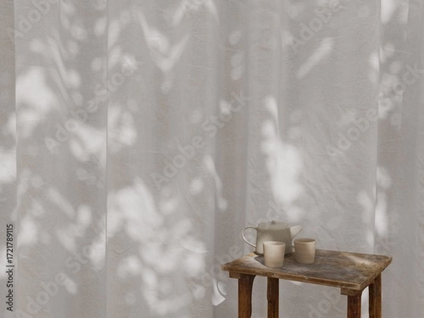 Fototapeta Minimal Tea Set on Wooden chair with Natural Light and Shadow on White Fabric Curtain Background 2