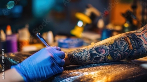 Fototapeta The tattoo artist creating a vibrant skull design on a client's arm.