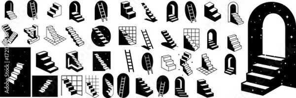 Fototapeta Minimalist surreal staircases in monochrome. Abstract geometric ladders and outlined stairway designs form a flat vector illustration set. Collection of unique minimal stairs elements