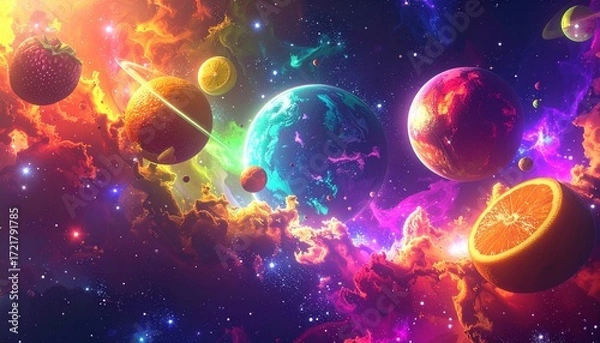 Fototapeta Surreal fantasy artwork of strawberries and oranges transformed into glowing planets drifting in a colorful outer space nebula