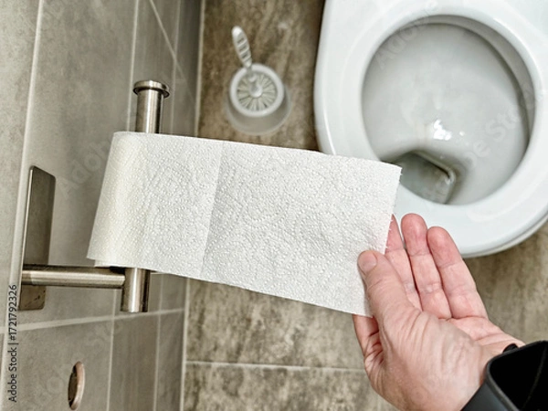Fototapeta Person reaching for a roll of toilet paper in a clean bathroom setting