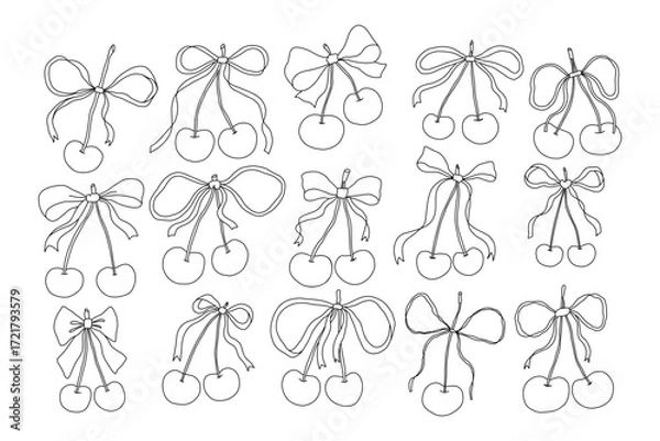 Fototapeta Hand drawn cherry bow set with cute line art illustrations of cherries tied with decorative ribbons. Whimsical doodle style perfect for patterns, packaging, wedding design, greeting cards, or stickers