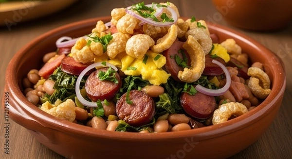 Fototapeta A Hearty Dish of Beans and Sausages Served in a Rustic Environment