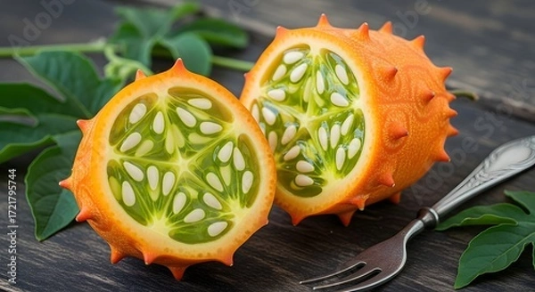 Fototapeta Kiwano Melon Sliced, Fresh Produce Display, Rustic Kitchen Setting, Food Photography, Natural Light, Close-Up Perspective