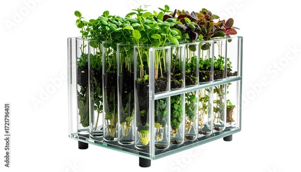 Obraz Transparent box with test tubes holding small plants