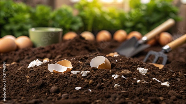 Fototapeta Organic food waste management using crushed eggshells as natural fertilizer. sustainable approach to gardening with soil enrichment for healthy plant growth in garden