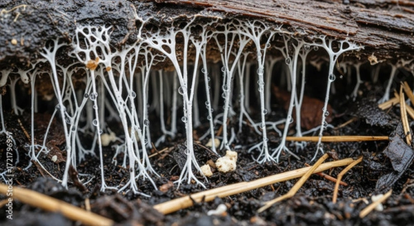 Fototapeta White mycelium network in soil shows organic decomposition. This fungus food source for other organisms, key part of natural waste management in healthy ecosystem