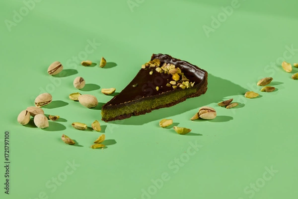 Fototapeta A Decadent Pistachio Chocolate Tart Slice is beautifully displayed on a Vibrant Background