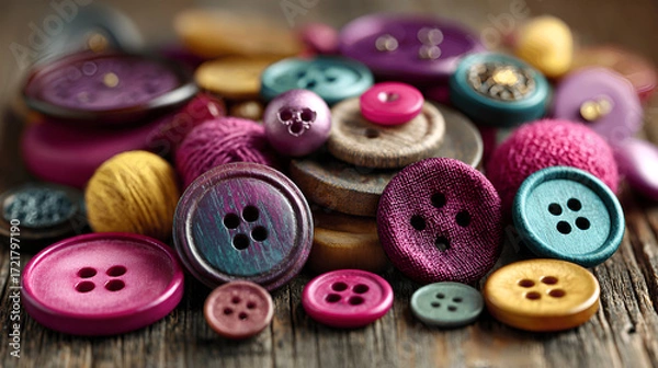 Fototapeta Colorful assortment of buttons in various sizes and textures, featuring vibrant hues of purple, pink, yellow, and teal, arranged artistically on a rustic wooden surface