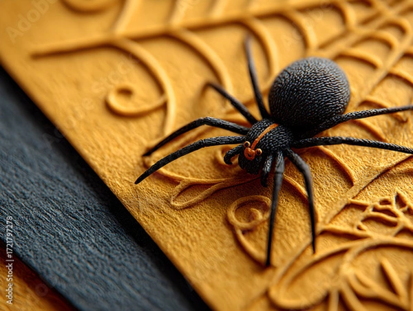 Fototapeta Close-up of a black spider resting on intricately textured yellow and black leather, showcasing the details of the arachnid and the craftsmanship of the material