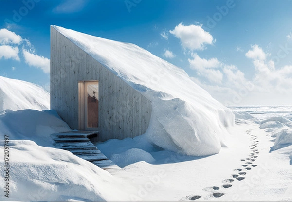 Fototapeta Modern wooden cabin nestled in snow-covered landscape, featuring a slanted roof and a welcoming entrance, surrounded by pristine winter scenery and footprints in the snow