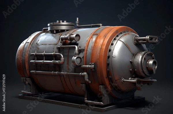 Fototapeta Industrial metal pressure vessel with orange accents, featuring intricate piping and valves, showcasing engineering design and functionality in a modern workshop environment