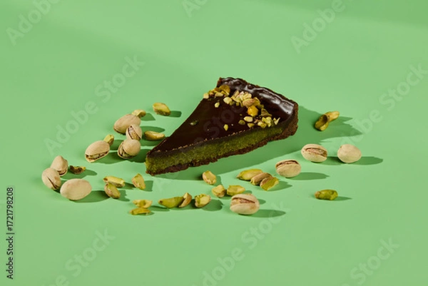 Fototapeta Indulgent and Decadent Chocolate Cake with Pistachios on an Attractive Green Background