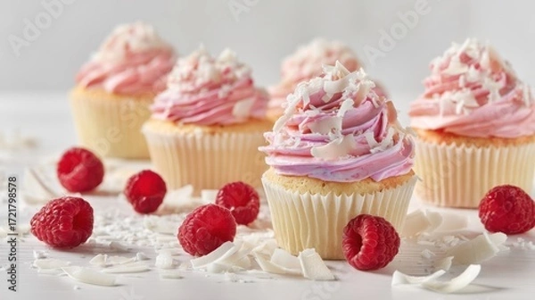 Fototapeta The delicious cupcakes with raspberry and pink frosting on a white background.