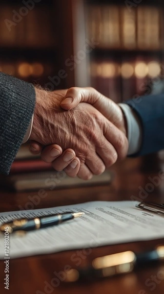 Fototapeta Business Agreement Handshake in Office with Document and Pen on Table