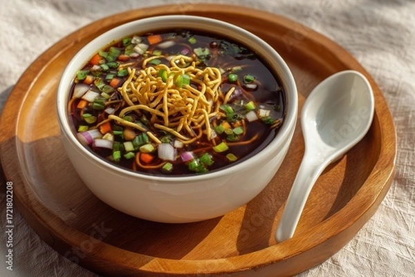 Fototapeta Indo-Chinese Manchow soup with fried noodles, vegetables, and spring onions in ceramic bowl