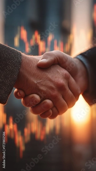 Fototapeta Business Partners Shaking Hands with Abstract Financial Background at Sunset