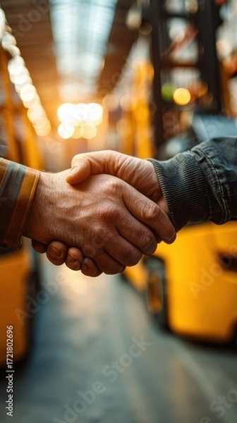 Fototapeta Business Partnership Agreement in Warehouse Setting with Forklifts in Background