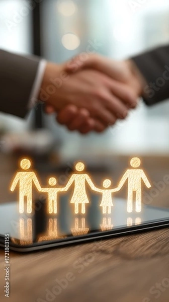 Fototapeta Business Partnership Concept with Family Figures and Handshake on Digital Tablet