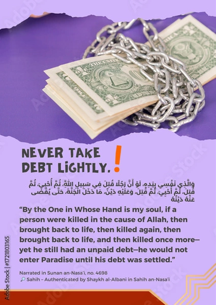 Obraz Religious text about debt and the afterlife, illustrated with chained money.