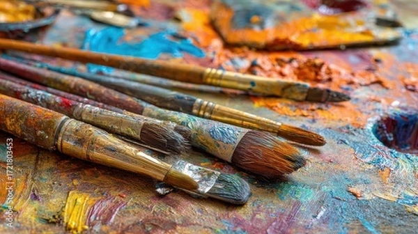 Fototapeta The vibrant brushes lying on an artist's colorful paint palette.