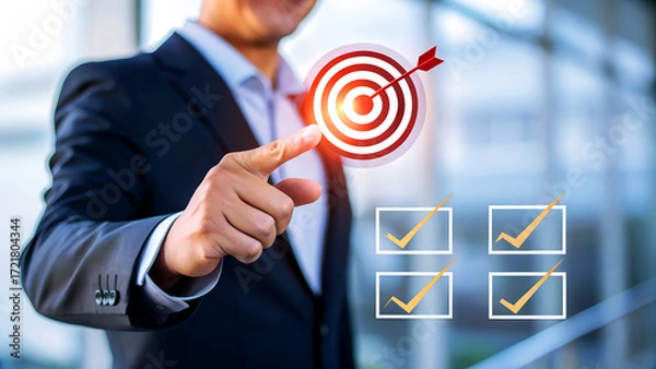 Fototapeta Determined businessman achieving goals by touching target with arrow and checking off tasks on digital interface for success