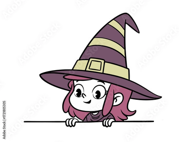 Obraz A cute cartoon girl in a witch costume with a large pointy hat peeking over a border. Halloween, isolated on a white background.