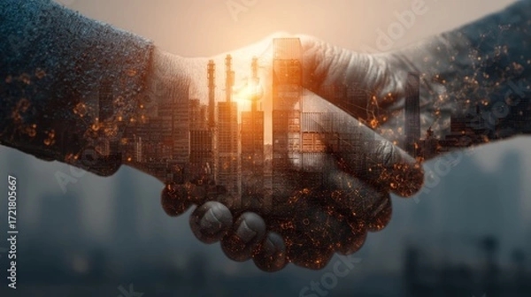 Fototapeta Dynamic Handshake with Industrial Elements and Urban Background Scene