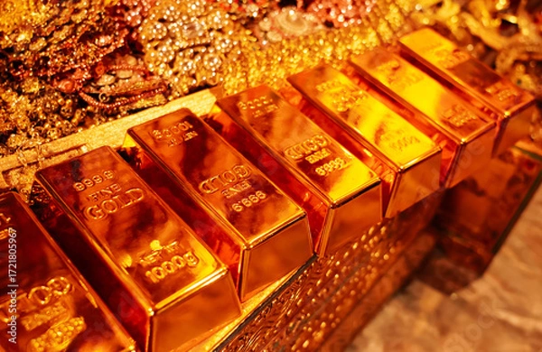 Fototapeta Stack of gold bars with the number 999.99 and Net WT 1000 g Gold bars and gold jewelry background. Financial concepts.