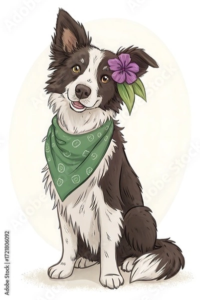 Fototapeta Smiling Border Collie with Flower and Bandana
