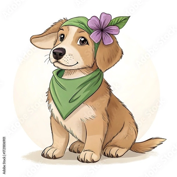 Fototapeta Cute Logotto Romagnolo with a flower in a bandana, sitting and smiling