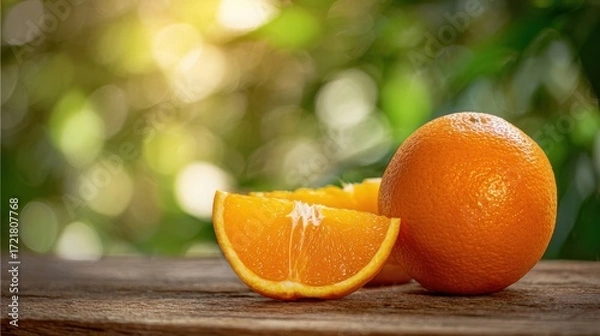 Fototapeta The vibrant orange resting on a rustic wooden table with sliced segments nearby.