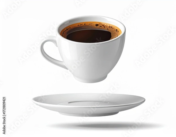 Fototapeta Floating coffee cup white ceramic saucer isolated minimal modern kitchenware clipart levitating D floating effect