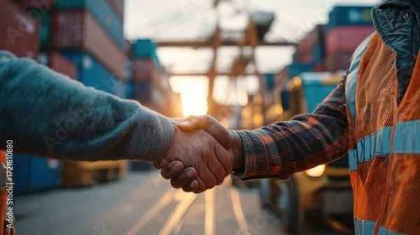 Fototapeta Workers Shaking Hands in Shipping Yard at Sunset, Unity in Logistics Industry