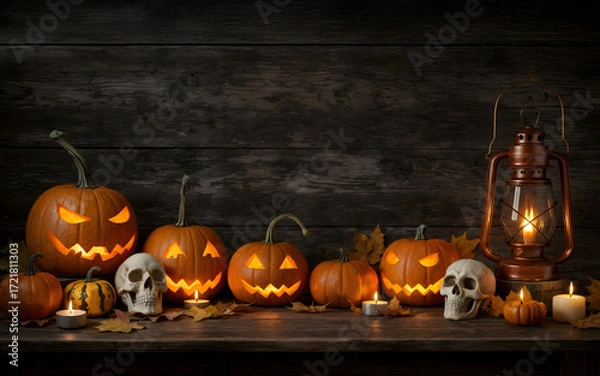 Fototapeta Halloween background with pumpkins, carved jack o lanterns, skulls and candles glowing in dark rustic setting  with copy space