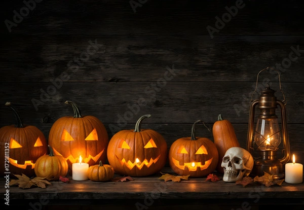Fototapeta Halloween background with pumpkins, carved jack o lanterns, skulls and candles glowing in dark rustic setting  with copy space