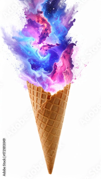 Fototapeta Cosmic ice cream nebula swirl waffle cone vibrant color galaxy smoke fantasy dessert white background surreal art with joy