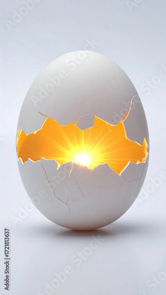 Fototapeta Glowing egg cracked shell bright light golden glow white background surreal concept minimal fantasy mystical radiant burst felt