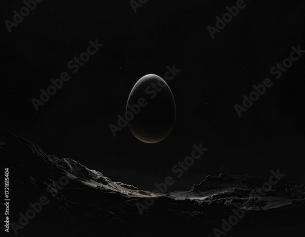 Fototapeta Floating egg black void harsh lighting top down minimal silhouette surreal night landscape with mysterious calm tension