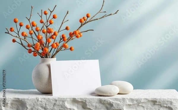 Fototapeta Orange berries in vase with white card and stones autumn branches