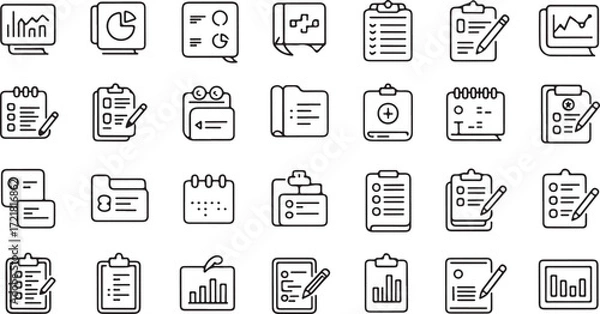 Obraz Collection of black and white outline icons representing business and medical documents and data analysis