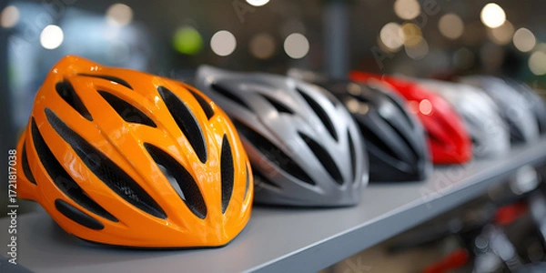 Fototapeta Colorful bicycle helmets displayed on a shelf, showcasing various designs and colors, emphasizing safety gear for cyclists in a modern retail environment
